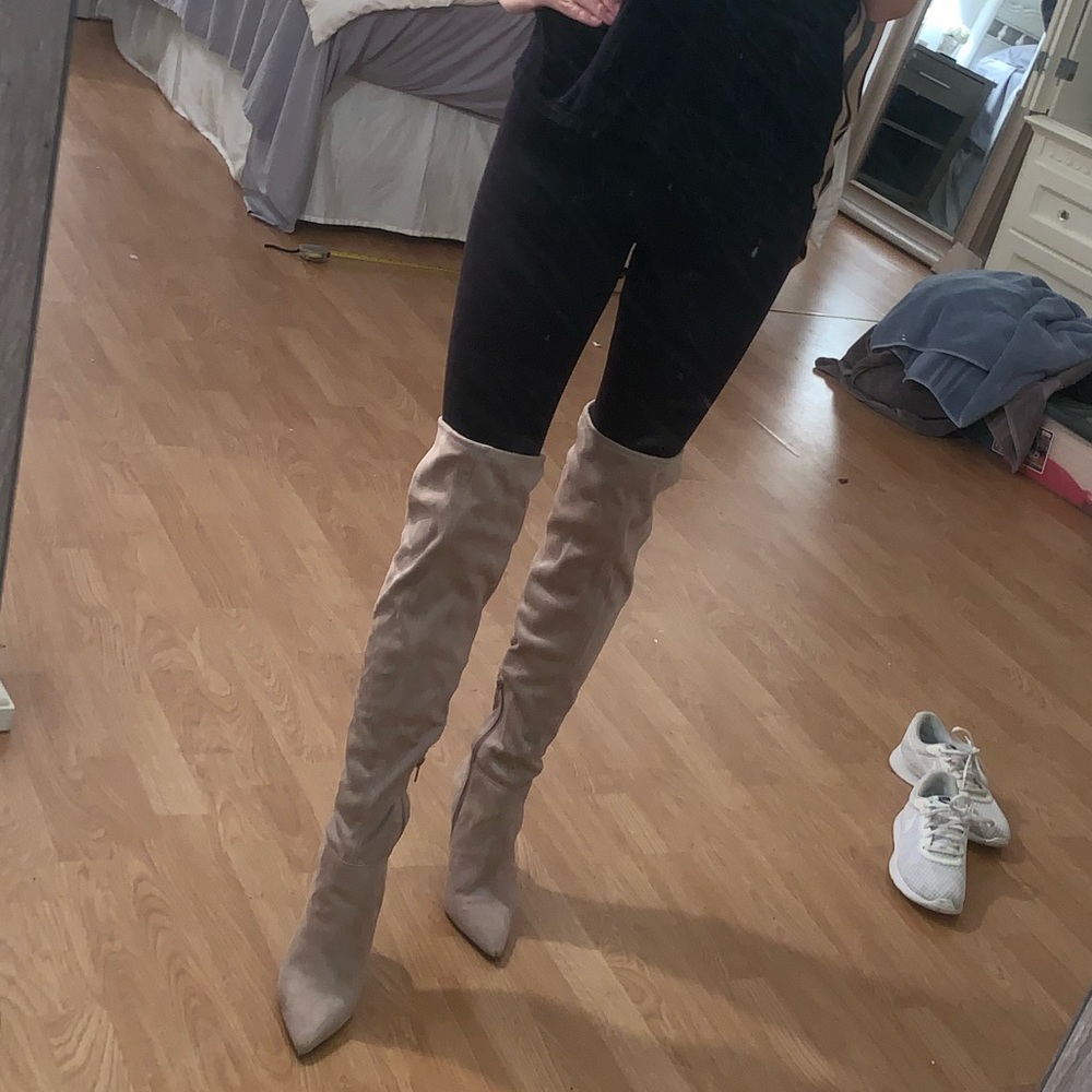 Light Grey Suade Over the Knee Boots - Picture 5 of 5